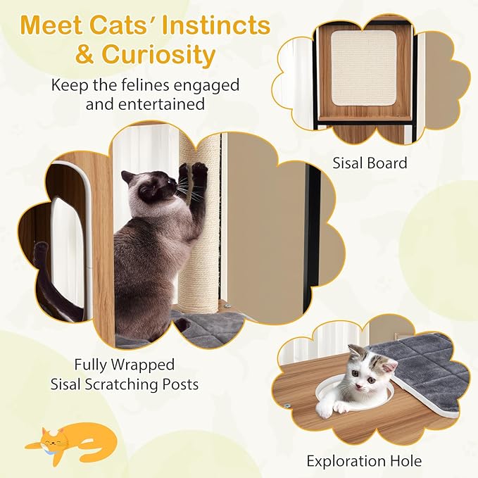 PETSITE 52-inch Wood Cat Tree for Indoor Cats, Multi-Level Solid Metal Framed Wooden Cat Tower with Sisal Scratching Posts and Pad, 3 Condos, and Top Platform with Cat Hole