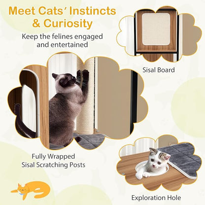 PETSITE 52-inch Wood Cat Tree for Indoor Cats, Multi-Level Solid Metal Framed Wooden Cat Tower with Sisal Scratching Posts and Pad, 3 Condos, and Top Platform with Cat Hole