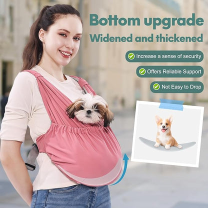 Supet Dog Sling Carrier for Small Pets, Hands Free Cat Sling, Reducing Back Neck Pain Anti-Anxiety Puppy Front, Adjustable Soft Dog Carrying (Pink, Plus 7-15 Lbs)