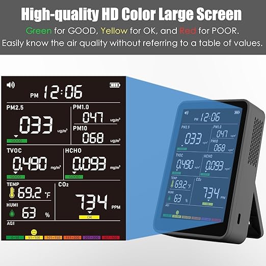 Professional Indoor Air Quality Monitor with AQI Alerts, Portable Real-Time Detector for Home, Car, Plants & Pets