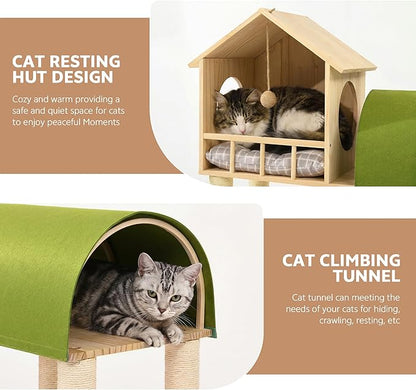 Wood Cat Tree Tower for Automatic Litter Box, 60.2'' Tall Cats Tree with Cat Tunnel, Cat Tower for Indoor Cats Large Adult, 4-Level Solid Wood Cats Furniture with 18Pcs Scratching Post, House