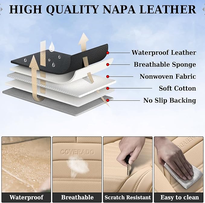 Car Seat Covers Full Set, Beige Seat Covers for Cars, Automotive Seat Covers, Waterproof Nappa Leather Front Seats and Back Car Seat Protector, Universal Fit for Most Cars SUV Trucks