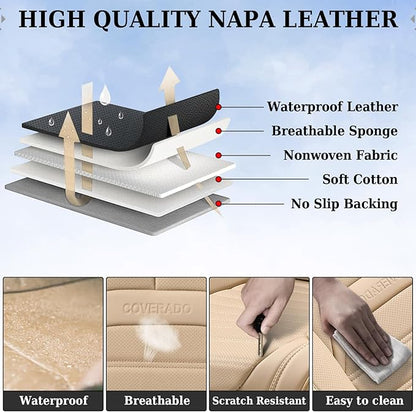 Car Seat Covers Full Set, Beige Seat Covers for Cars, Automotive Seat Covers, Waterproof Nappa Leather Front Seats and Back Car Seat Protector, Universal Fit for Most Cars SUV Trucks