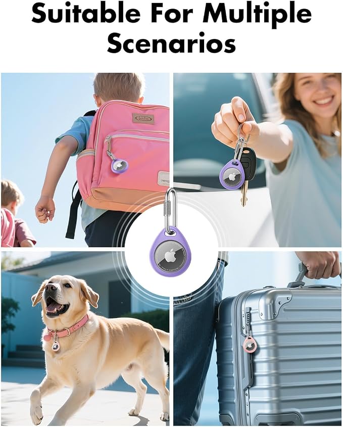 UNBREAKcable for AirTag Holder Case with Professional Carabiner, 4 Pack | Waterproof, Shockproof, Hold Securely, Easy to Install, Protective AirTag Keychain for Keys, Pets, Luggage-Pink&Purple