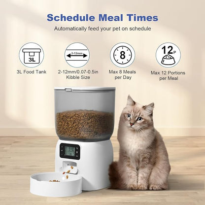 Automatic Cat Feeder, 3L Cat Food Dispenser with 10s Voice Recorder, Pet Feeder up to 8 Meals per Day, Timed Dog Feeder (White-Basic)