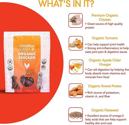 Organic Chicken Dog Treats, Low-Calorie Training Treats, Grain-Free, Semi-Soft Natural Jerky with Sweet Potato, Turmeric & Flaxseed, Healthy Dog Snacks for Puppies & Small, Medium & Large Dogs, 5 oz