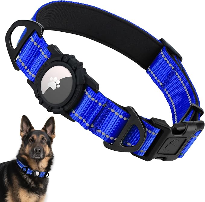 Taglory AirTag Dog Collar with Waterproof Holder for Large Dogs, Navy Blue | Reflective for Night Walks & Low-Light Safety, Track Your Pup Peace of Mind, Adjustable Soft Padded, No More Dangling Tags XL