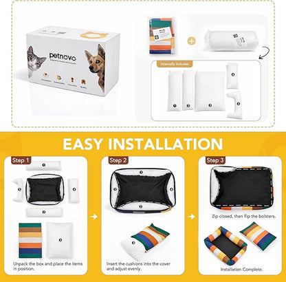 PETNOVO Dog Bed Small Dogs – Removable Washable Cover, Reversible Fleece Cushion, Non-Slip Bottom, Colorful Rainbow Pattern, Gift Box, 25.6 × 17.7 × 7.1 in