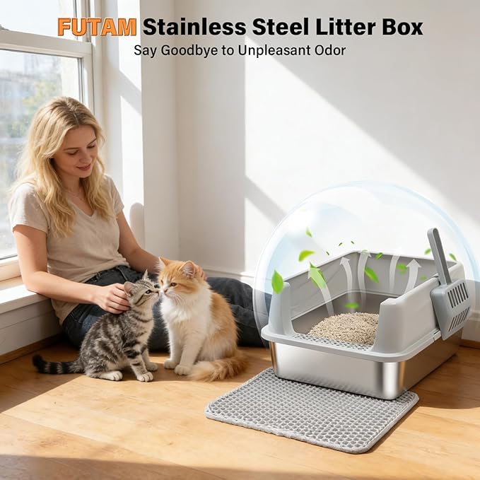 Stainless Steel Cat Litter Box, Metal Litter Box with High Sides Lid for Kittens, Medium Cat, Include Scoop and Mat, Non-Sticky, Anti-Leakage, Easy to Clean, M