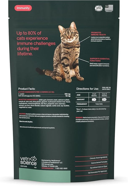 VetriScience Lysine Immunity Health Chews, 250 mg Immune Supplement for Cats and Kittens with Allergies, Sneezing, Runny Nose and Watery Eyes, Chicken, 90 Count