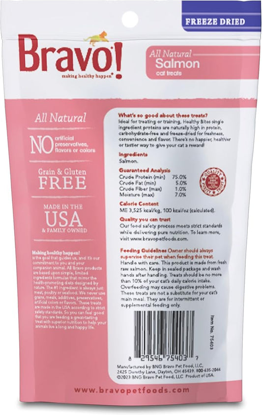 Bravo! Healthy Bites Single Ingredient Freeze Dried Raw Cat Treats, Salmon, 1 Ounce, High Protein, Grain Free, Gluten Free