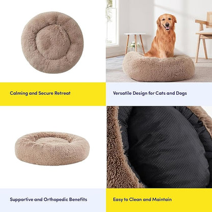 Dog & Cat Bed: Round Faux Fur Pet Bed - Plush, Cozy, & Calming Donut Bed for Medium Pets - Soft & Comfortable Sleeping Cushion for Napping & Lounging, 23" Round, Taupe