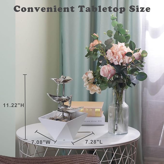 Trilogy Tabletop Fountain with 3-Tier Stainless Steel Waterfall | Handcrafted Design, Adjustable Water Flow & Smart Pump for Modern Home Decor