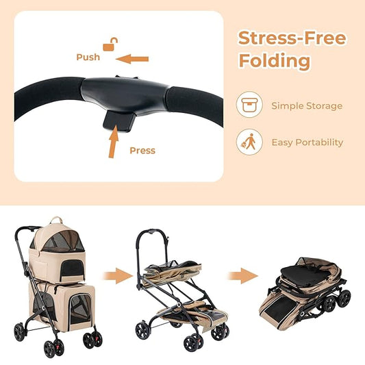 4-in-1 Double Pet Stroller with 2 Detachable Carriers, Foldable Dog Cat Travel Stroller for Small Medium Pets, Travel Cat Bag with Safety Belt & Lockable Wheels, Beige