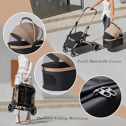 3-in-1 Pet Stroller with Detachable Carrier, Luxury Dog Stroller for Small Dogs & Cats, Lightweight Foldable Cat Stroller with 360° Rotating Wheels, Travel Friendly, Classic Brown