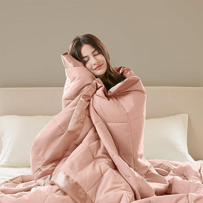 Madison Park Windom Down Alternative Blanket, Premium 3M Scotchgard Moisture Wicking Treatment, Lightweight and Soft Bed Cover For All Season, Satin Trim, Blush Full/Queen