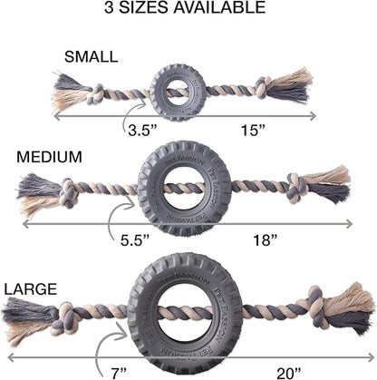 Pet Passion Natural Rubber Tire and Organic Cotton Rope Pull and Chew Dog Toy for All Pet Breeds, Gray, Small