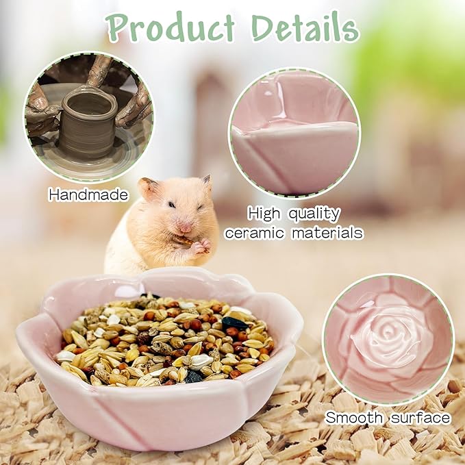 BNOSDM 2 Pcs Hamster Ceramic Food Bowl Flower Series Gerbil Drinking Bowls Anti-Turning Food & Water Dish for Dwarf Syrian Hamsters Gerbil (Pink, Rose Pattern, 3.74“ x3.74“ x1.77“)