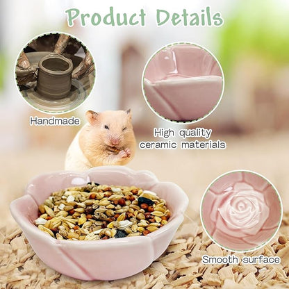 BNOSDM 2 Pcs Hamster Ceramic Food Bowl Flower Series Gerbil Drinking Bowls Anti-Turning Food & Water Dish for Dwarf Syrian Hamsters Gerbil (Pink, Rose Pattern, 3.74“ x3.74“ x1.77“)