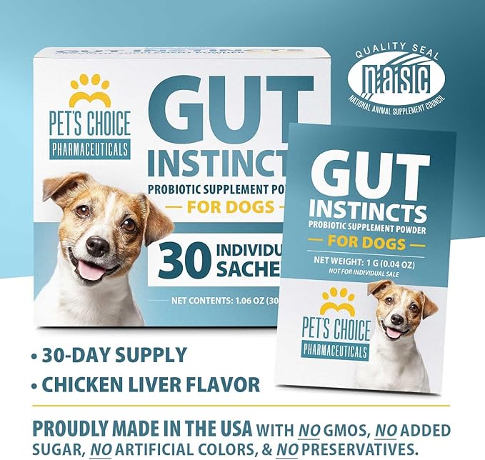 Pet’s Choice Gut Instincts Probiotic Powder Packets for Dogs, 30 Count – Daily Digestive & Immune Support with Lactobacillus, Enterococcus, Inulin & Vitamins – for Puppies, Adult & Senior Dogs