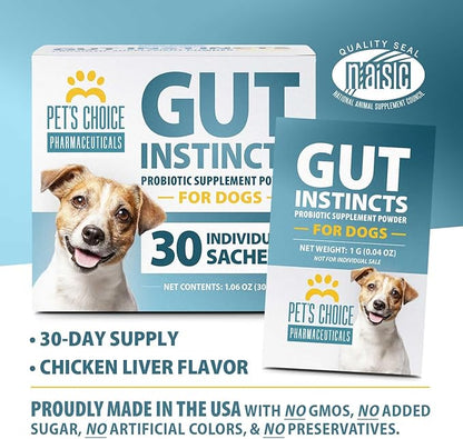 Pet’s Choice Gut Instincts Probiotic Powder Packets for Dogs, 30 Count – Daily Digestive & Immune Support with Lactobacillus, Enterococcus, Inulin & Vitamins – for Puppies, Adult & Senior Dogs