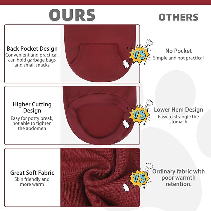 KOOLTAIL Dog Hoodie for Large Medium Small Dogs,Soft&Warm Pet Sweater with Leash Hole and Pocket Boy Girl,Puppy Fall Winter Jacket Clothes,French Pitbull Cold Weather Coat Sweatshirt,Deep Red SM