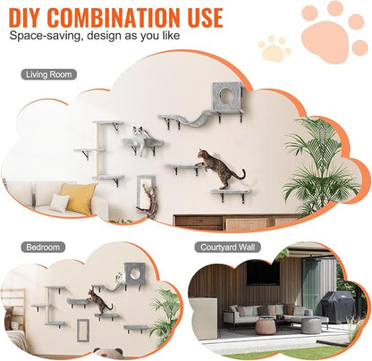 VEVOR Wall Mounted Cat Shelves, Perches with Jumping Boards, Hammock, Sofa, Cat Furniture and Shelves up to 40 lbs for Sleeping, Playing, Climbing, Set of 6