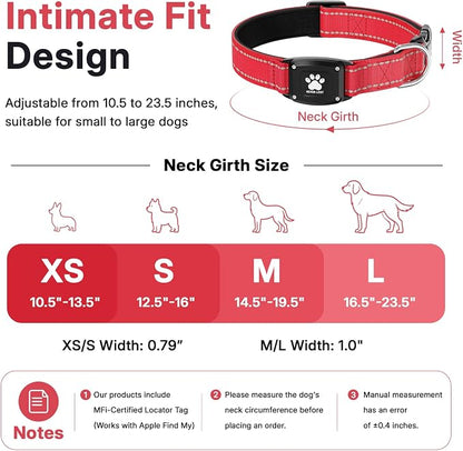 GPS Dog Collar Tracker 2-in-1,Reflective Waterproof Pet Collar,iOS-Only,No Monthly Fees,Unlimited Range,Dog Tracking Collar Pet Tracker,for Small Medium Large Dogs(XS (10.5"-13.5"), Red)