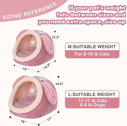 Jiupety Cute Cat Bed for Indoor Cats, Warm Soft Cave Fit for 11-17 lb Cats and 0-8 lb Dogs, Pink Rabbit, L