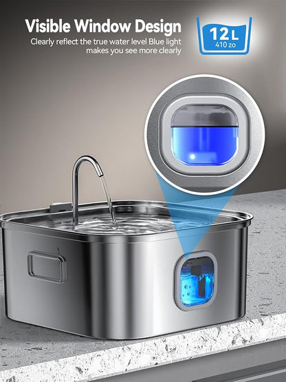 Dog Water Fountain Stainless Steel, 410oz/3.2Gal/12L Large Pet Water Fountain for Large Dog, Dog Water Bowl Dispenser with Water Level Window & LED Indicator, Super Quiet, with 2pcs Filters