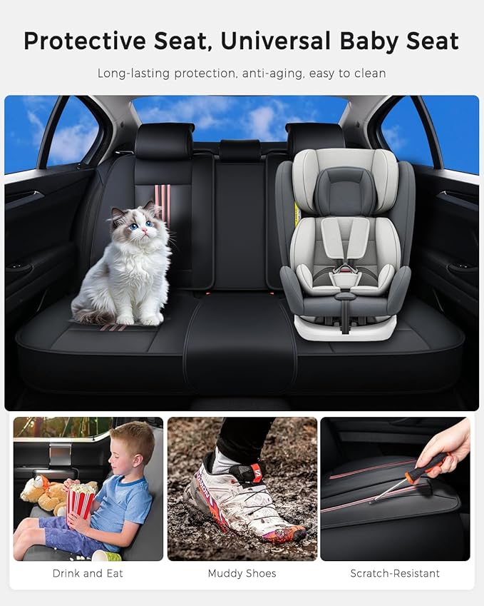 Huidasource Rear Car Seat Cover, Nappa Leather Rear Seat Cover with Ventilation Holes, Velcro Adjustable, Compatible with Armrests, Seat belts, Child Safety Seats, for Most Cars SUV Truck, Black＆ Pink
