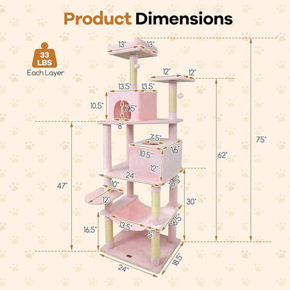 DORTALA 75" Tall Modern Cat Tree, Multi-Level Cat Tower with Large Condos, Sisal Scratching Posts, Top Perch, Hammock, Dangling Balls, Kitten Beds & Climbing Furniture for Indoor Cats (Pink)