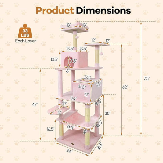 DORTALA 75" Tall Modern Cat Tree, Multi-Level Cat Tower with Large Condos, Sisal Scratching Posts, Top Perch, Hammock, Dangling Balls, Kitten Beds & Climbing Furniture for Indoor Cats (Pink)