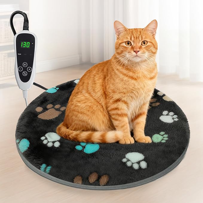 GOLOPET Cat Heating Pad Round 16in,Waterproof Outer Skin and Smart Thermostat Switch, Adjustable Heated Cat Bed, Adding Wire Rope Wires Small Dog Warming Pad