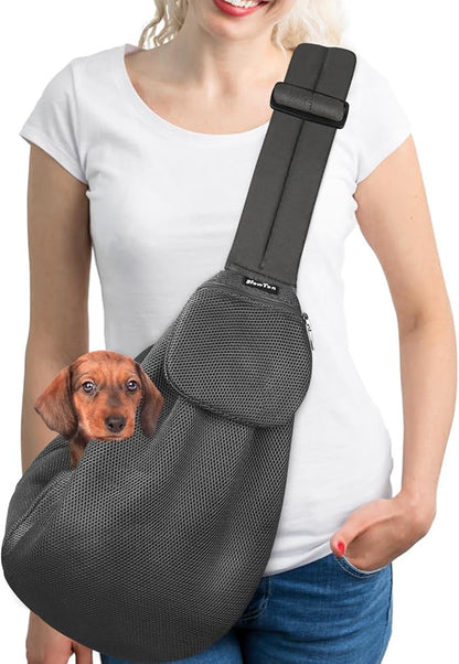 SlowTon Dog Carrier Sling - Thick Padded Shoulder Strap Adjustable Dog Carriers for Small Dogs, Puppy Carrier Purse for Pet Cat with Front Zipper Pocket Safety Belt Machine Washable (Grey Mesh L)