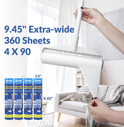 DELOMO 9.45” Large Lint Roller for Pet Hair, Long Handle for Floor & Carpet | 45” Long Lint Roller, 360 Extra Sticky Sheets, No-Bend Cleaning for Couches, Bedding, Car Seats, Rugs and Furniture