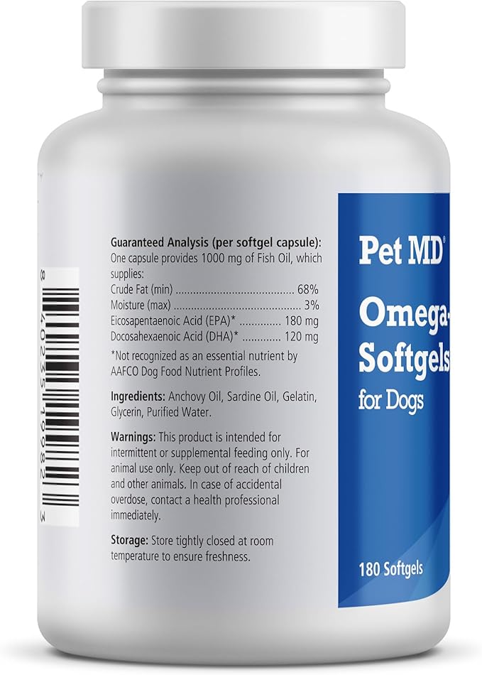 Pet MD – Omega 3 Fish Oil Supplement for Dogs – Skin and Coat Support for Dogs – 180 Softgels