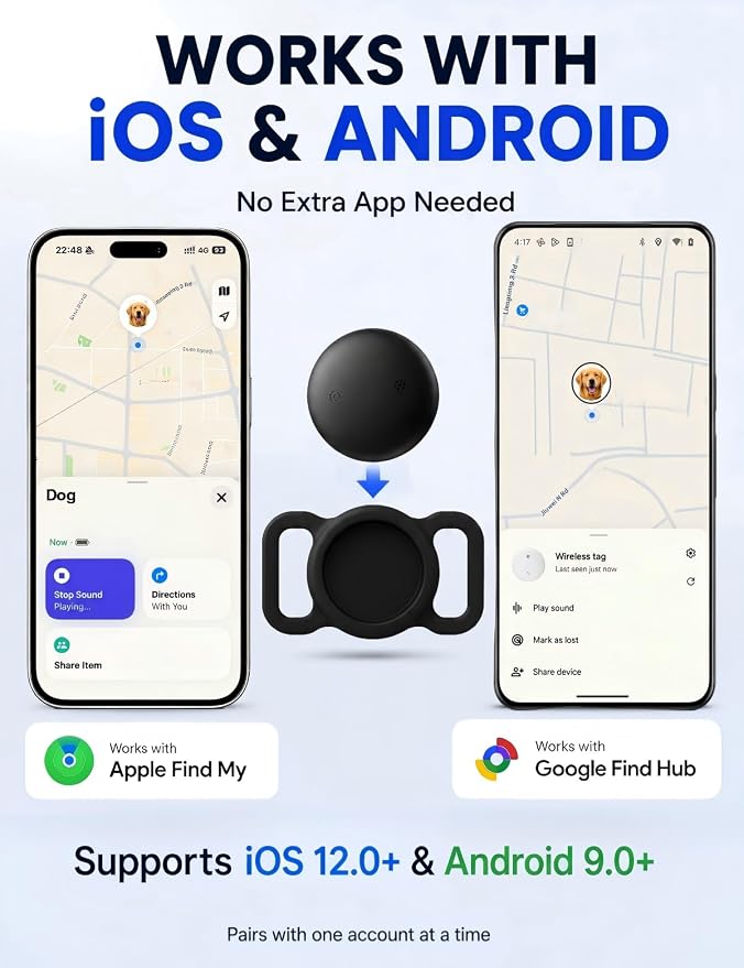 GPS Dog Tracker Collar (iOS & Android) - No Subscription Real-Time Tracking | Pet Smart Activity Finder Tag Works with Google Find Hub & Apple Find My App, Anti-Lost for Keys, Cat Kitten Items
