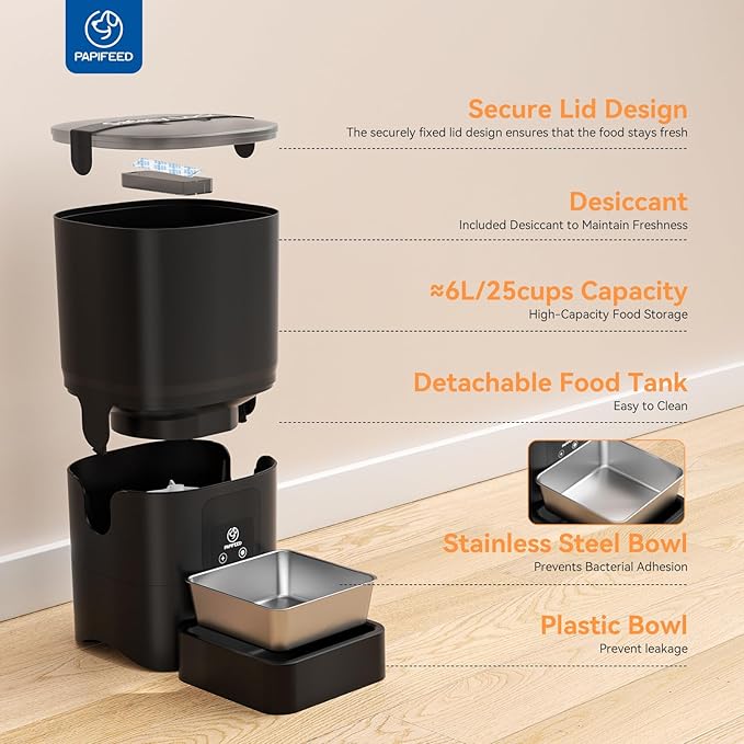 PAPIFEED Automatic Cat Feeder,Camera 1080P HD - 6L Pet Feeder, 2.4/5G WiFi Smart App Control, Bluetooth Assist Link,Wide-Angle Lens,Automatic Feeder for Small and Medium-Sized Pets (WiFi 2.4G)