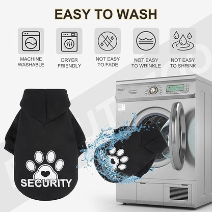 BEAUTYZOO Security Dog Hoodie Sweaters for Small Medium Large Dogs, Brushed Fleece Dog Clothes with Hat,Soft Winter Fall Coat All Weather Pullover, Classic Halloween Costume with Leash Hole, Black L