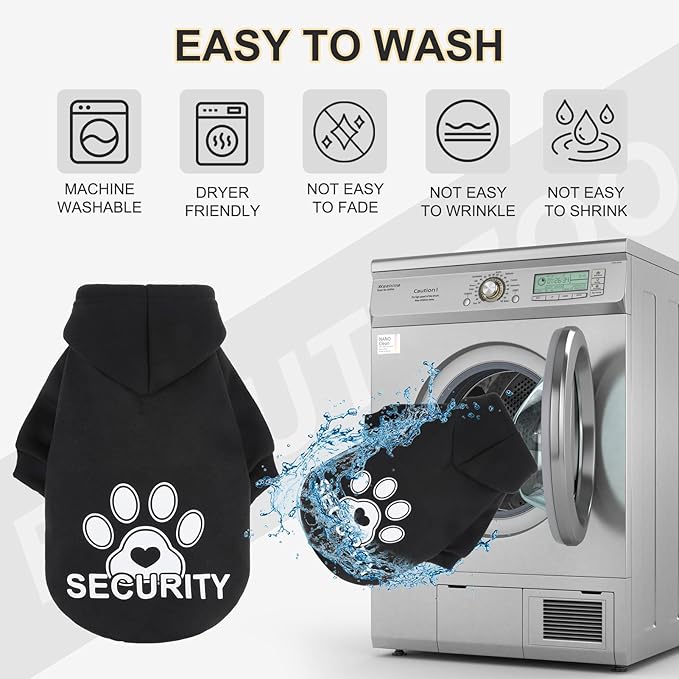 BEAUTYZOO Security Dog Hoodie Sweaters for Small Medium Large Dogs, Brushed Fleece Dog Clothes with Hat,Soft Winter Fall Coat All Weather Pullover, Classic Halloween Costume with Leash Hole, Black SM