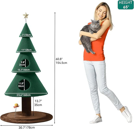 DWVO Christmas Cat Houses for Indoor Cats, Christmas Cat Tree Tower with 2 Cozy Houses, Kitty Furniture with Teaser Plaything for Christmas Decoration
