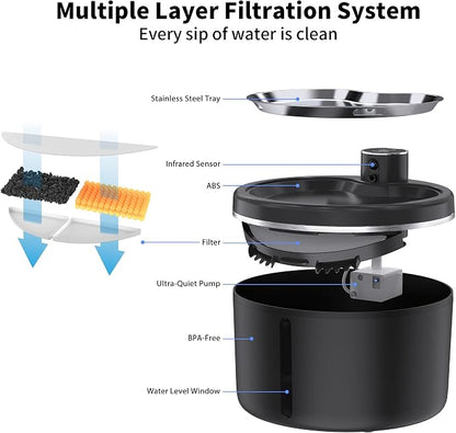 Cat Water Fountain Cordless, 108oz/3L Pet Fountains for Cats Indoor with Stainless Steel Tray, Battery Operated Cat Drinking Fountain with Motion Sens