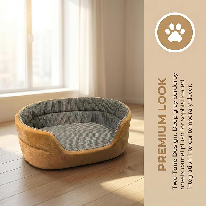 Medium Dog Bed Cat Bed 18x26 Inch, Calming Pet Bed for Small Dogs & Cats, Half-Enclosed Open-Top Velvet Anti-Anxiety Bed, Machine Washable Cozy Snuggle Bed (Camel)