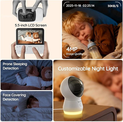 BOIFUN 5.5" AI 4MP Split Screen Baby Monitor with 2 Cameras Pro Max: App (Wi-Fi) and Screen (No Wi-Fi) Control, Upgrade AI Detection (Tummy Sleeping & Face Area), Night Light, Motion & Sound Detection