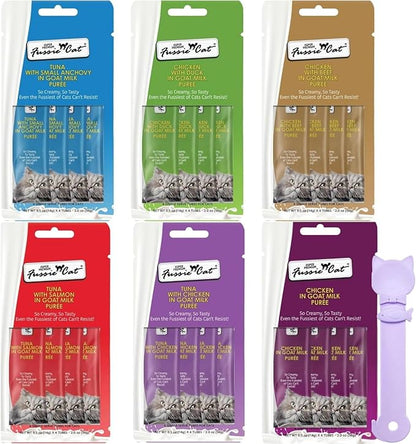 Fussie Cat Super Premium Cat Treats in Goat Milk Puree, lickable cat Treats,6 Packs of 4-0.5oz Tubes, Variety Flavor Pack of 6 Flavors.