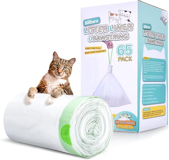 65 Count Cat Litter Box Liners, Compatible with MW SC01/SC02, Drawstring Auto Self-Cleaning Litter Box Liner Bags, Extra Thick Leak Proof Cat Waste Bags, Unscented, (18.1"W x 15.7"H, 4 Gal)