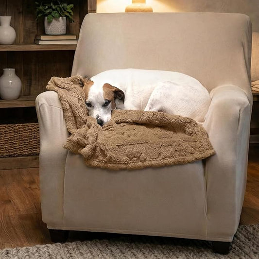 Americanflat 30x40 Jacquard Fleece Throw Blanket - Soft and Breathable Pet Blankets for Couches, Bed, Chair - Fleece Blanket for Home, Bedroom, or Outdoor - Taupe Paw Print Blankets for Dogs or Cats