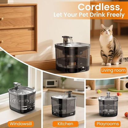 Accokids Wireless Cat Water Fountain Cordless with External Pump, 5000MAh Battery Operated, 68oz Rechargeable Automatic Pet Cat Fountains for Drinking with Motion Sensor, Quiet Pump(1 Filter)
