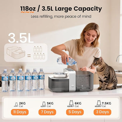 Invengo Filterless Cat Water Fountain with Wastewater Separation, 3.5L Stainless Steel Cat Fountain No Filter Needed, Wireless Pet Water Fountain for Cats & Small Dogs, 180-Day Battery, Smart Alert